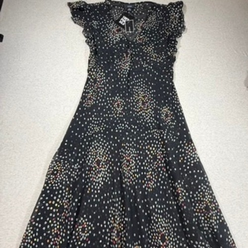 NWT Alfani Silk Polka Dot Midi Dress Womens 10 Black Handkerchief Hem V-Neck